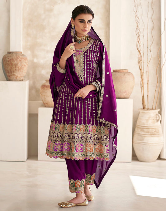Wine Premium Chinon Heavy Thread, Sequence and Cording Embroidery Work Salwar Kameez (Fully Free Size Stitch)