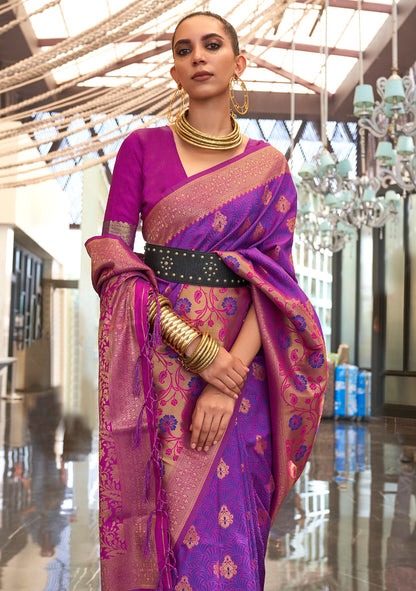 Violet Handloom Silk Jacquard Woven Saree With Blouse