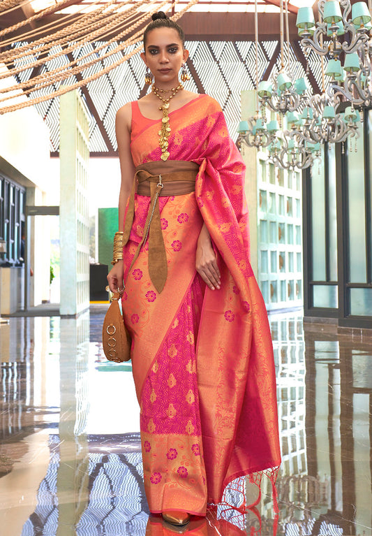 Rani Pink Handloom Silk Jacquard Woven Saree With Blouse