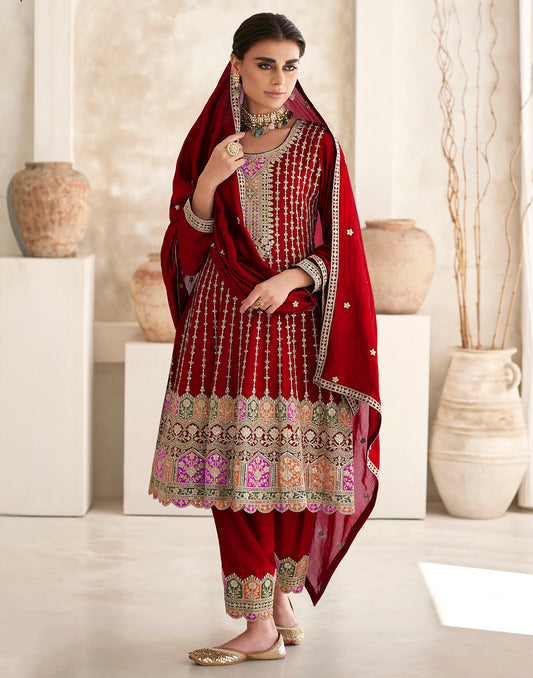 Red Premium Chinon Heavy Thread, Sequence and Cording Embroidery Work Salwar Kameez (Fully Free Size Stitch)