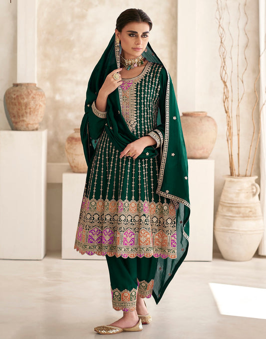 DarkGreen Premium Chinon Heavy Thread, Sequence and Cording Embroidery Work Salwar Kameez (Fully Free Size Stitch)
