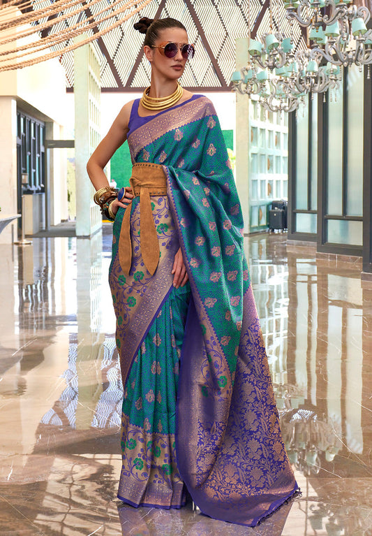 Rama Green Handloom Silk Jacquard Woven Saree With Blouse
