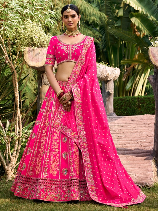 Rani Pink Silk Heavy Thread Embroidery, Zari, Sequins With Diamond Work Lehenga Choli