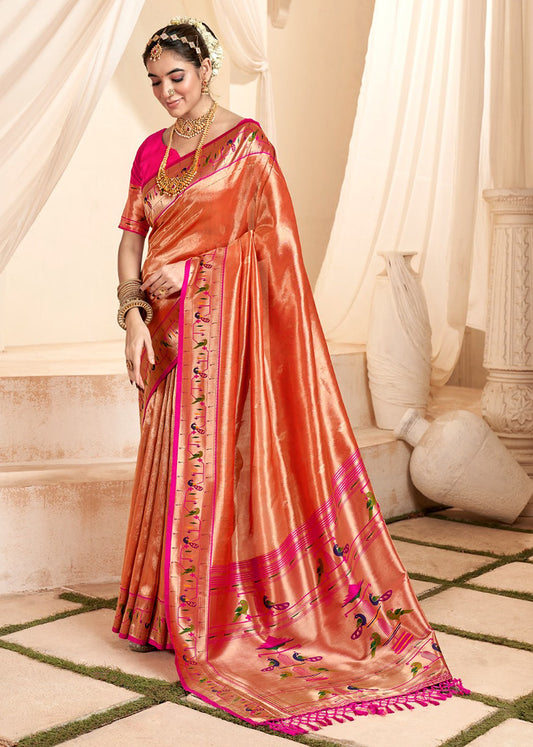 Orange Silk Jacquard Woven Saree With Blouse