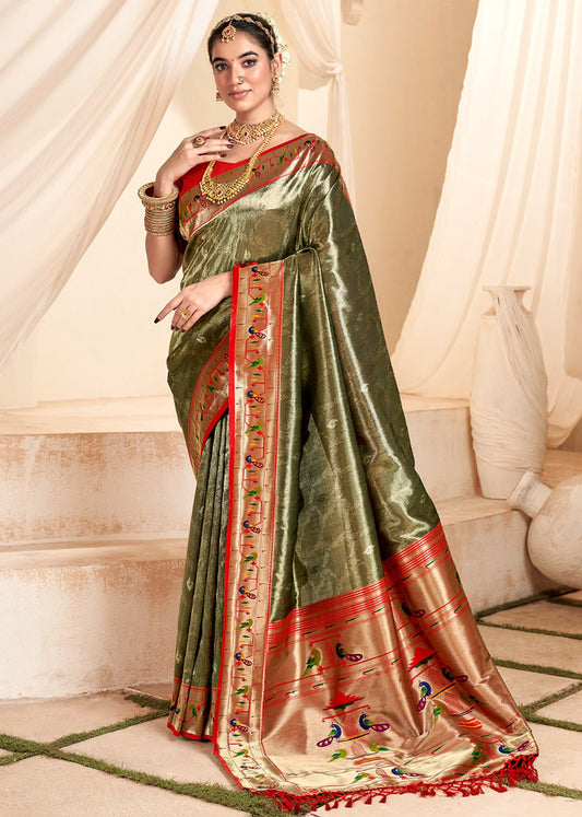 Mehendi Silk Jacquard Woven Saree With Blouse