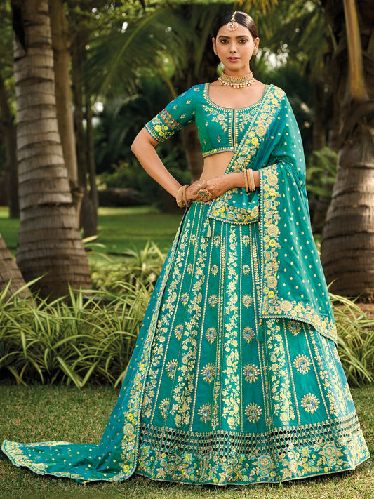 Rama Green Silk Heavy Thread Embroidery, Zari, Sequins With Diamond Work Lehenga Choli