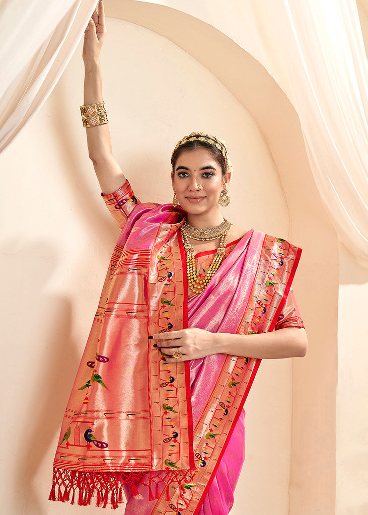 Rani Pink Silk Jacquard Woven Saree With Blouse