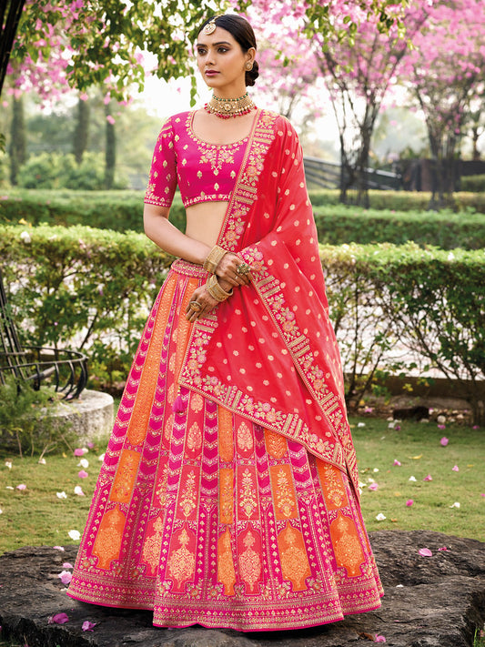 Rani Pink & Mustard Silk Heavy Thread Embroidery, Zari, Sequins With Diamond Work Lehenga Choli