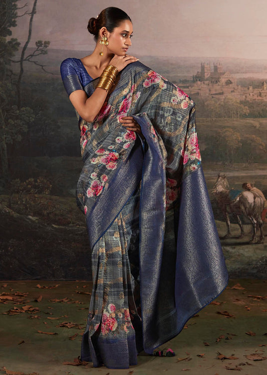 Grey Silk Jacquard Woven With Digital Print Saree With Blouse