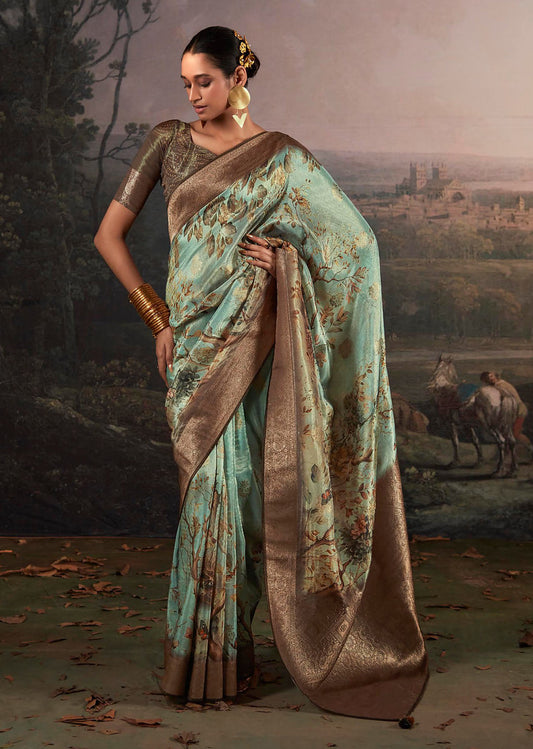 Turquoise Silk Jacquard Woven With Digital Print Saree With Blouse