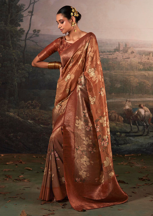 Brick Silk Jacquard Woven With Digital Print Saree With Blouse
