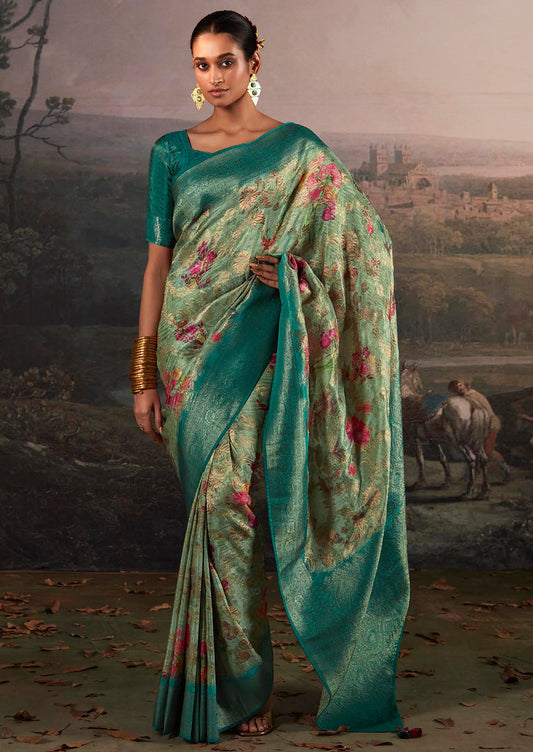 Mint Silk Jacquard Woven With Digital Print Saree With Blouse