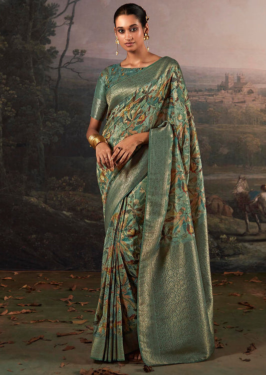 Sage Green Silk Jacquard Woven With Digital Print Saree With Blouse