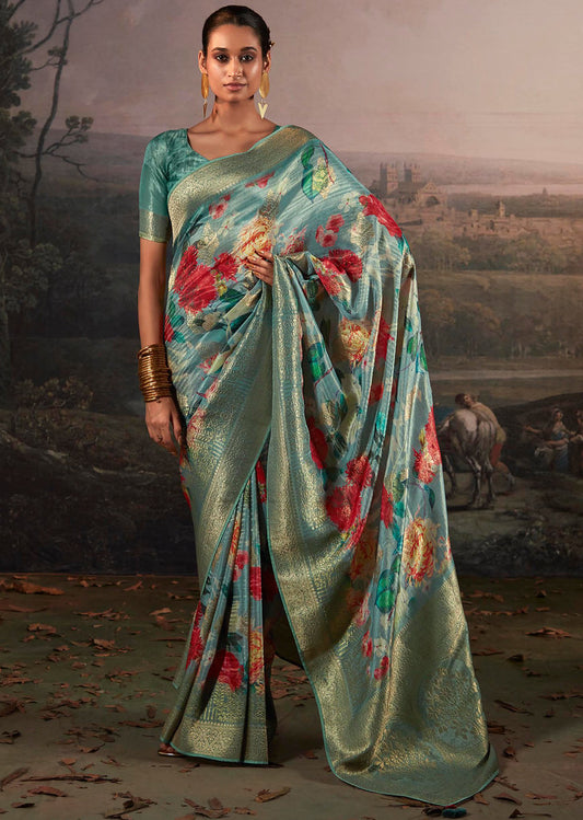 Light Blue Silk Jacquard Woven With Digital Print Saree With Blouse