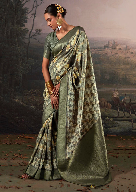 Multicolor Silk Jacquard Woven With Digital Print Saree With Blouse