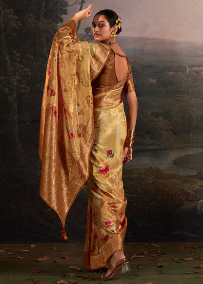 Mustard Silk Jacquard Woven With Digital Print Saree With Blouse
