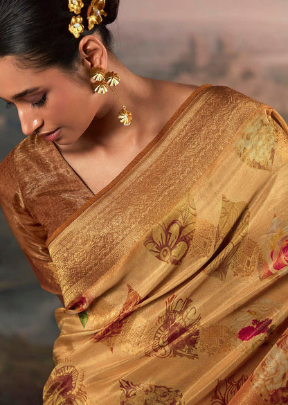 Mustard Silk Jacquard Woven With Digital Print Saree With Blouse