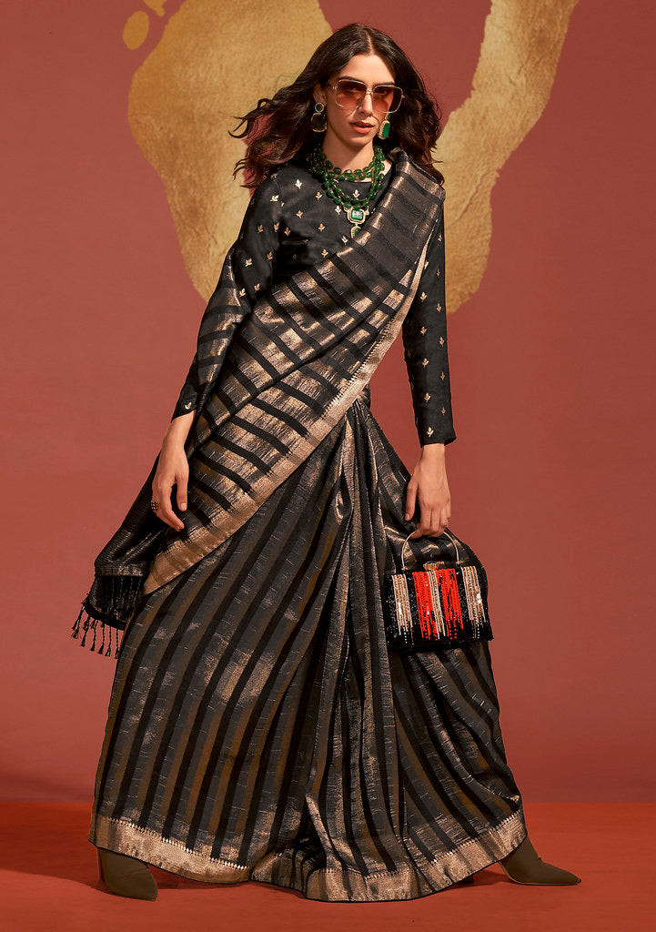 Black Pure Viscose Handloom Silk Jacquard Woven Saree With Blouse