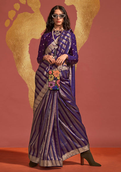 Violet Pure Viscose Handloom Silk Jacquard Woven Saree With Blouse