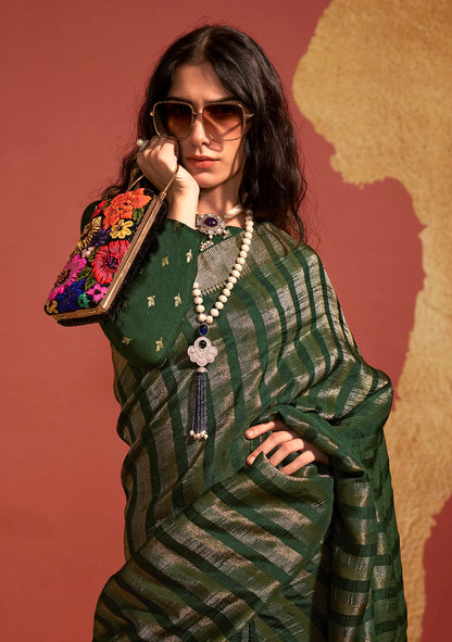 Green Pure Viscose Handloom Silk Jacquard Woven Saree With Blouse