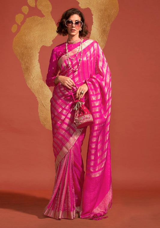 Rani Pink Pure Viscose Handloom Silk Jacquard Woven Saree With Blouse