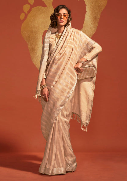Cream Pure Viscose Handloom Silk Jacquard Woven Saree With Blouse