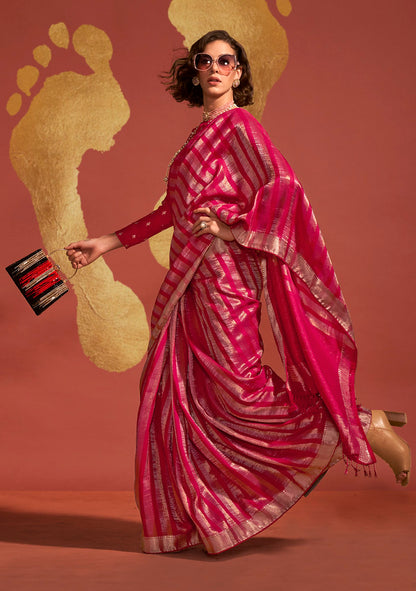 Rani Pink Pure Viscose Handloom Silk Jacquard Woven Saree With Blouse