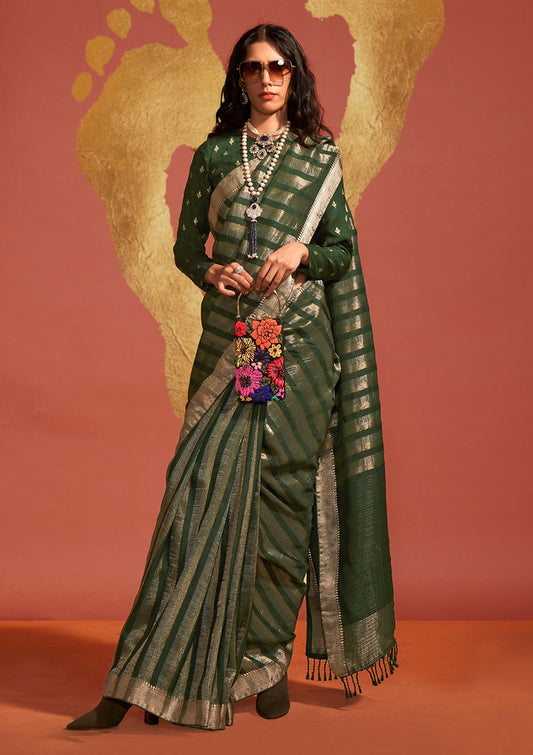 Green Pure Viscose Handloom Silk Jacquard Woven Saree With Blouse