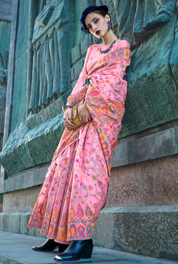 Pink Handloom Organza Handloom Kashmiri Jacquard Woven Saree With Blouse