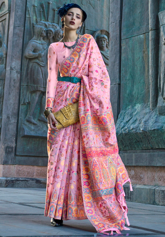 Pink Handloom Organza Handloom Kashmiri Jacquard Woven Saree With Blouse