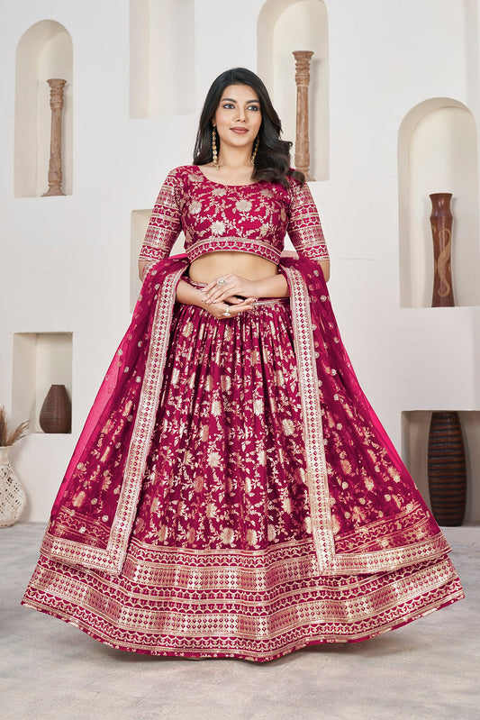 Rani Pink Dola Jacquard Jacquard Woven With Zari & Sequins Embroidery Work Lehengha Choli