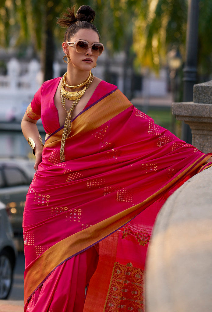 Rani Pink Soft Silk Jacquard Woven Saree With Blouse