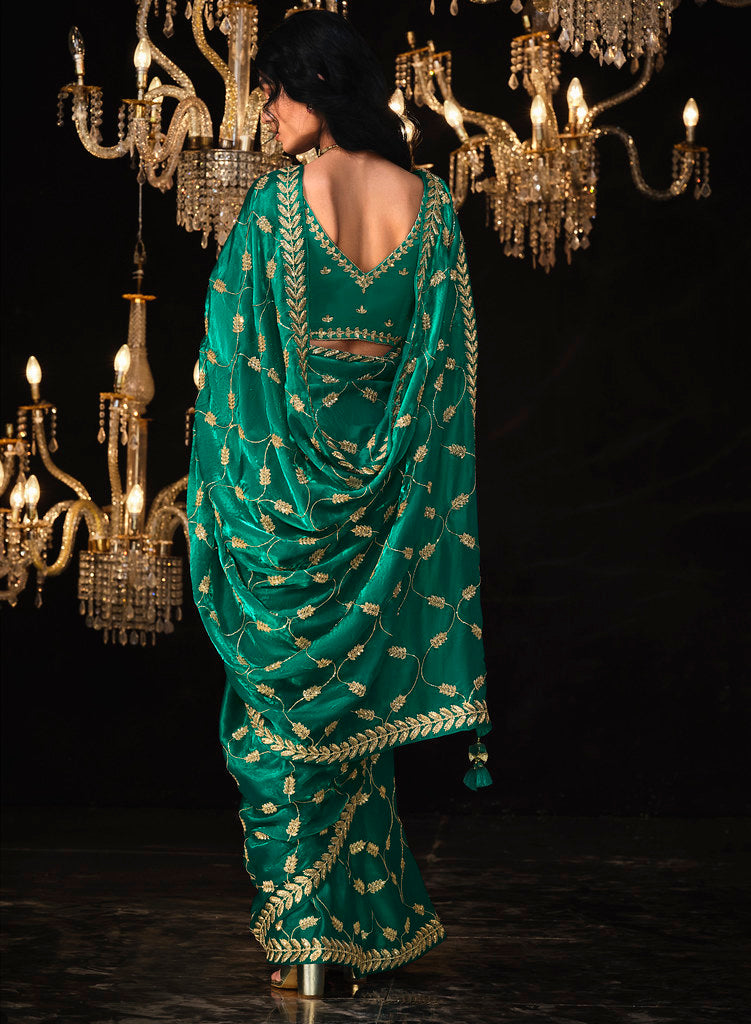 Teal Green Fancy Fabric Heavy Thread Embroidery, Zarkan, Stone With Sequins Work Saree With Blouse
