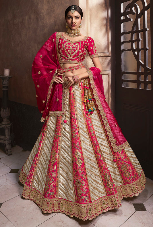 White & Rani Pink Banarasi Silk Heavy Thread Embroidery, Zari With Sequins Work Lehengha Choli