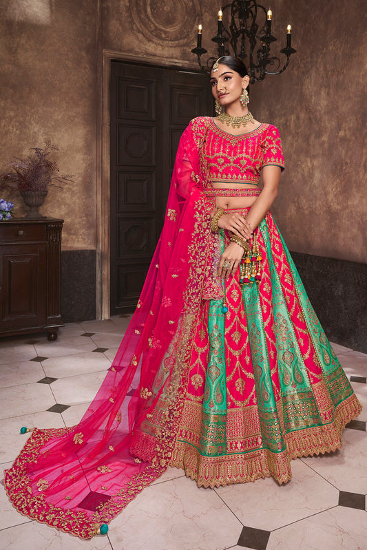 Hot Pink & Rama Banarasi Silk Heavy Thread Embroidery, Zari With Sequins Work Lehengha Choli