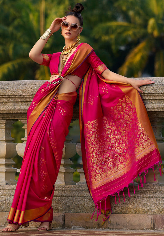 Rani Pink Soft Silk Jacquard Woven Saree With Blouse