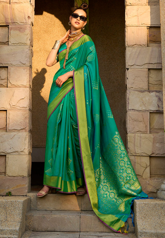 Rama Green Soft Silk Jacquard Woven Saree With Blouse