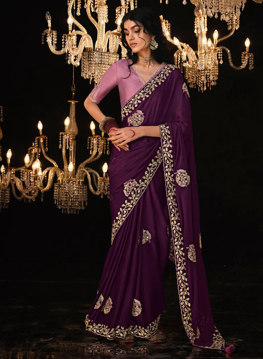 Wine Fancy Fabric Heavy Thread Embroidery, Zarkan, Stone With Sequins Work Saree With Blouse