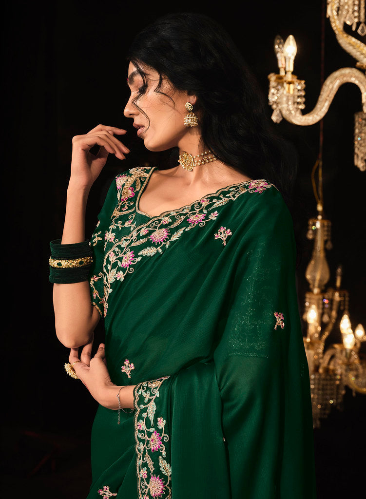 Bottle Green Fancy Fabric Heavy Thread Embroidery, Zarkan, Stone With Sequins Work Saree With Blouse