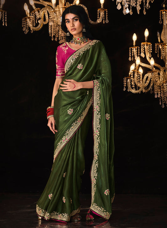 Dark Green Fancy Fabric Heavy Thread Embroidery, Zarkan, Stone With Sequins Work Saree With Blouse