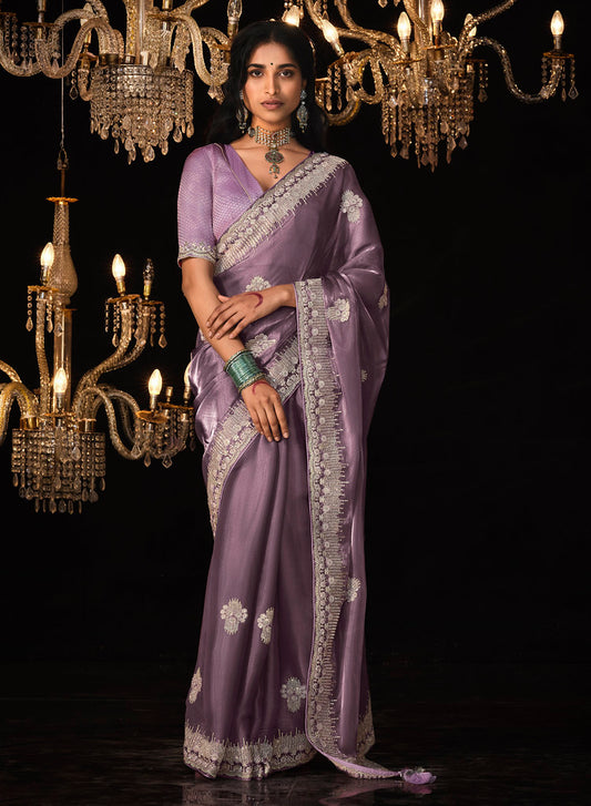 Lavender Fancy Fabric Heavy Thread Embroidery, Zarkan, Stone With Sequins Work Saree With Blouse