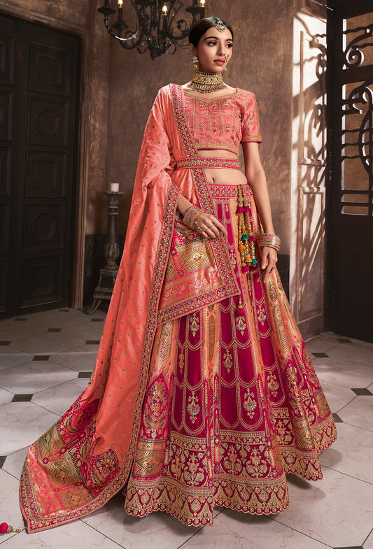 Rani Pink & Peach Banarasi Silk Heavy Thread Embroidery, Zari With Sequins Work Lehengha Choli