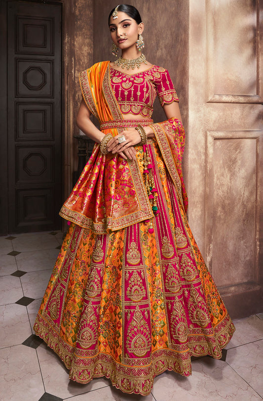 Mustard & Rani Pink Banarasi Silk Heavy Thread Embroidery, Zari With Sequins Work Lehengha Choli