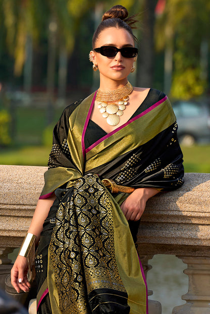 Black Soft Silk Jacquard Woven Saree With Blouse