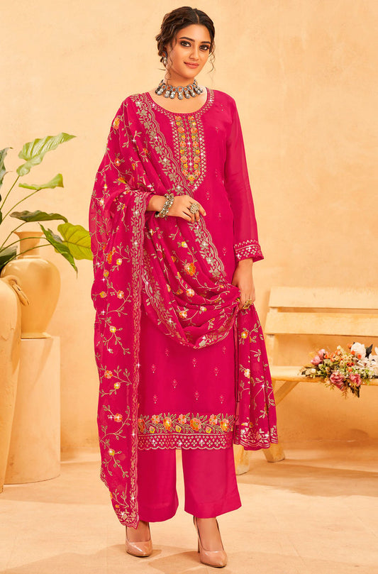 Rani Pink Real Organza Heavy Santoon Heavy Thread Embroidery With Sequins Work