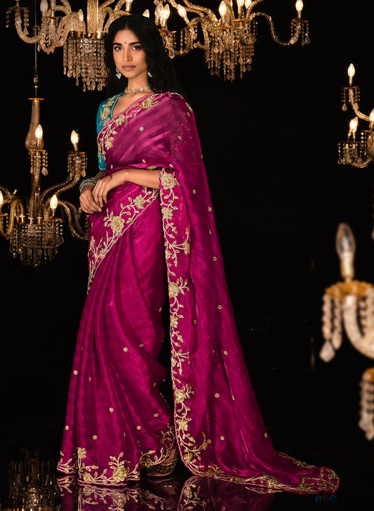 Rani Pink Fancy Fabric Heavy Thread Embroidery, Zarkan, Stone With Sequins Work Saree With Blouse