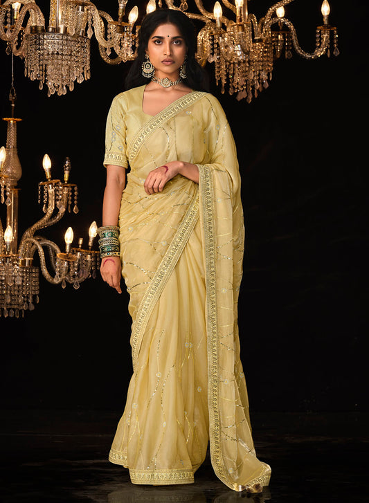Light Yellow Fancy Fabric Heavy Thread Embroidery, Zarkan, Stone With Sequins Work Saree With Blouse