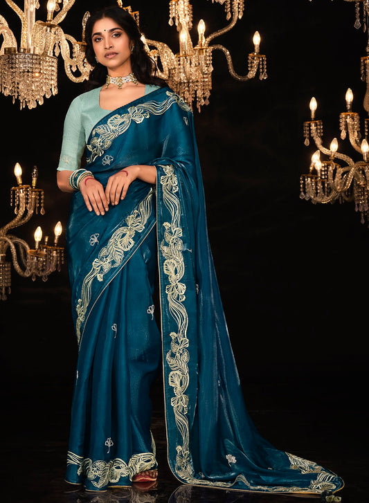 Blue Fancy Fabric Heavy Thread Embroidery, Zarkan, Stone With Sequins Work Saree With Blouse