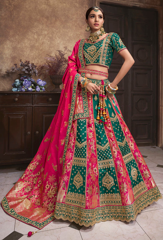 Teal Green & Rani Pink Banarasi Silk Heavy Thread Embroidery, Zari With Sequins Work Lehengha Choli
