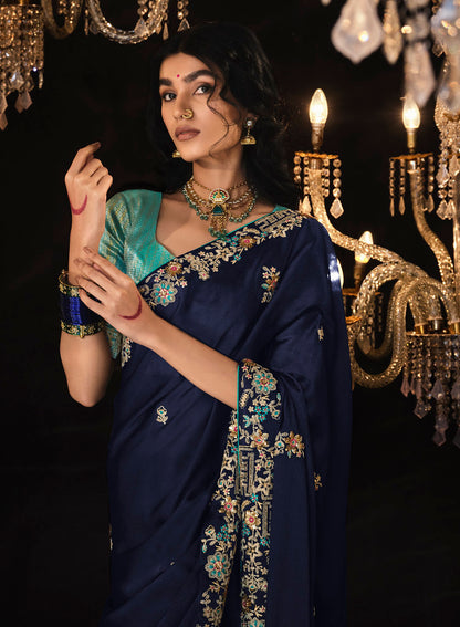Navy Blue Fancy Fabric Heavy Thread Embroidery, Zarkan, Stone With Sequins Work Saree With Blouse